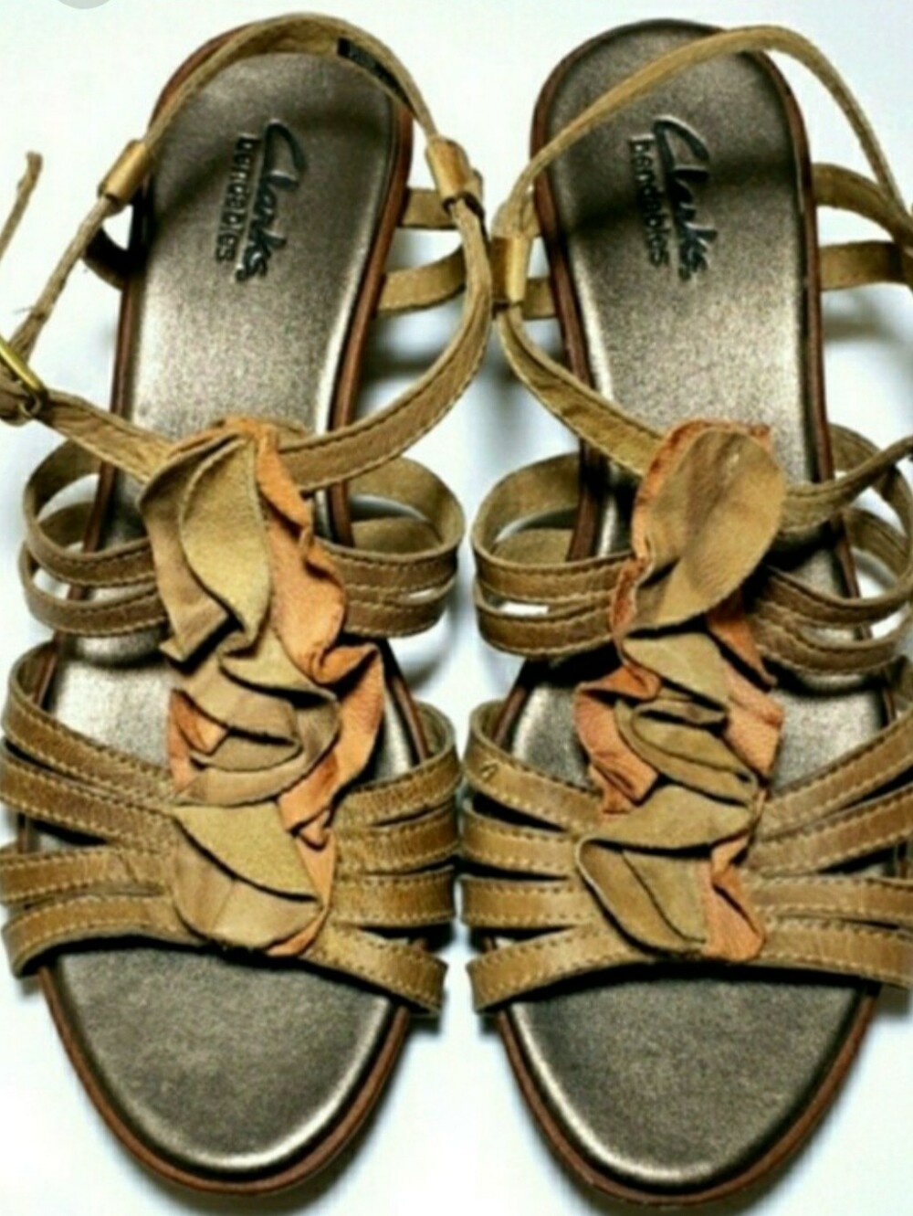 Clarks Leather Ruffled Wedge Heel Sandals